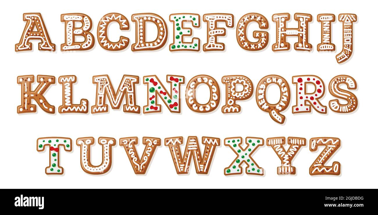 Lebkuchenalphabet isoliert auf Weiß. Englische Buchstaben. Vektorgrafik. Weihnachtsplätzchen. Weihnachtsgebäck. Stock Vektor
