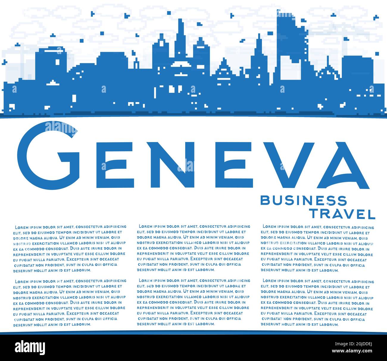 Skizzieren Sie die Skyline der Stadt Genf Schweiz mit blauen Gebäuden und Kopierflächen. Vektorgrafik. Genfer Stadtbild mit Wahrzeichen. Stock Vektor