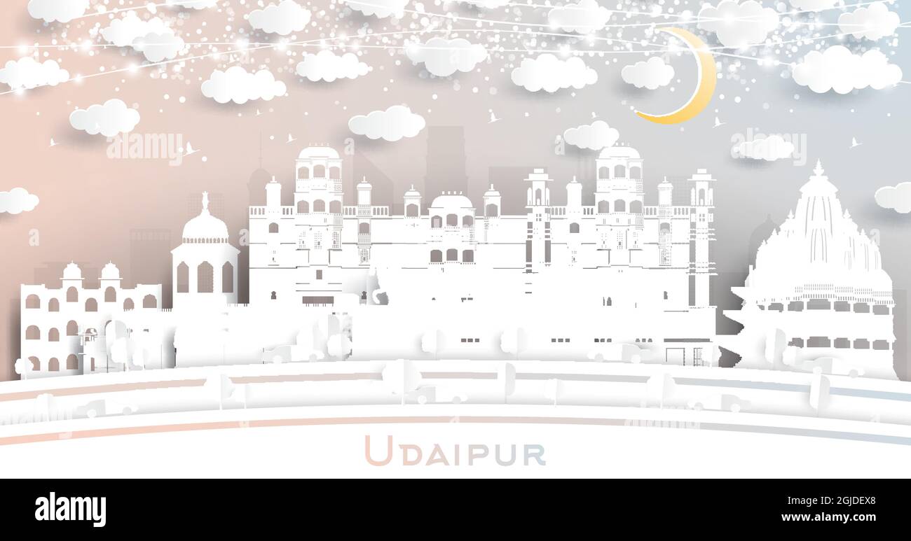 Udaipur India City Skyline im Paper Cut Stil mit weißen Gebäuden, Mond und Neon Garland. Vektorgrafik. Reise- und Tourismuskonzept. Stock Vektor