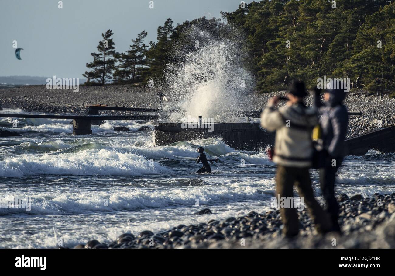 Surfer genießen am 23. Januar 2021 die Sonne, die Wellen und das milde Wetter auf Toro, Nynashamn, im Stockholmer Archipel. Foto: Pontus Orre / TT Code 2559 Stockfoto