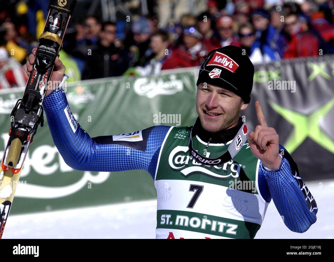 Bode Miller aus den Vereinigten Staaten feiert nach dem Sieg im Riesenslalom der Männer Stockfoto