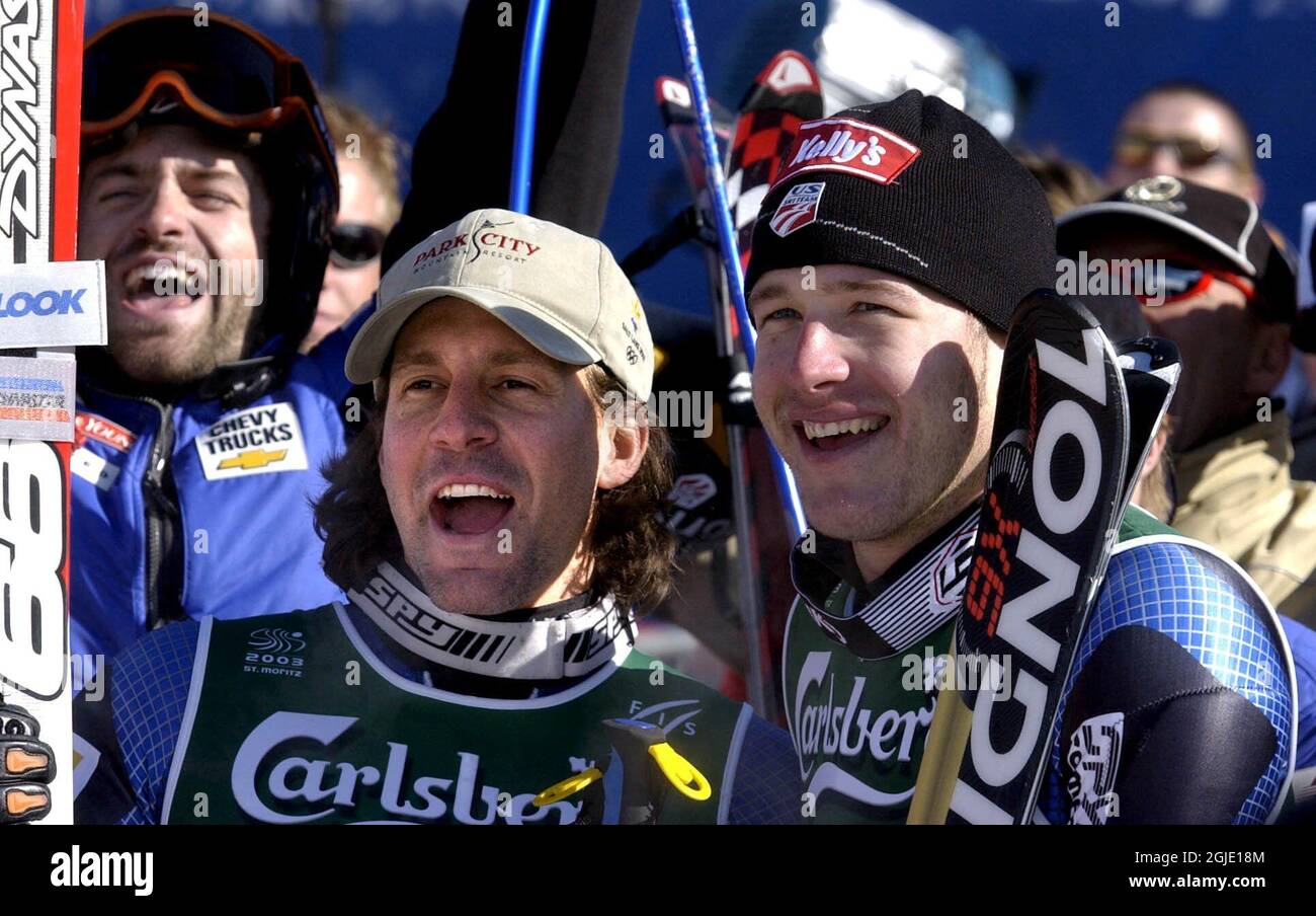 Erik Schlopy, USA, und Bode Miller aus den USA nach dem Riesenslalom der Männer Stockfoto