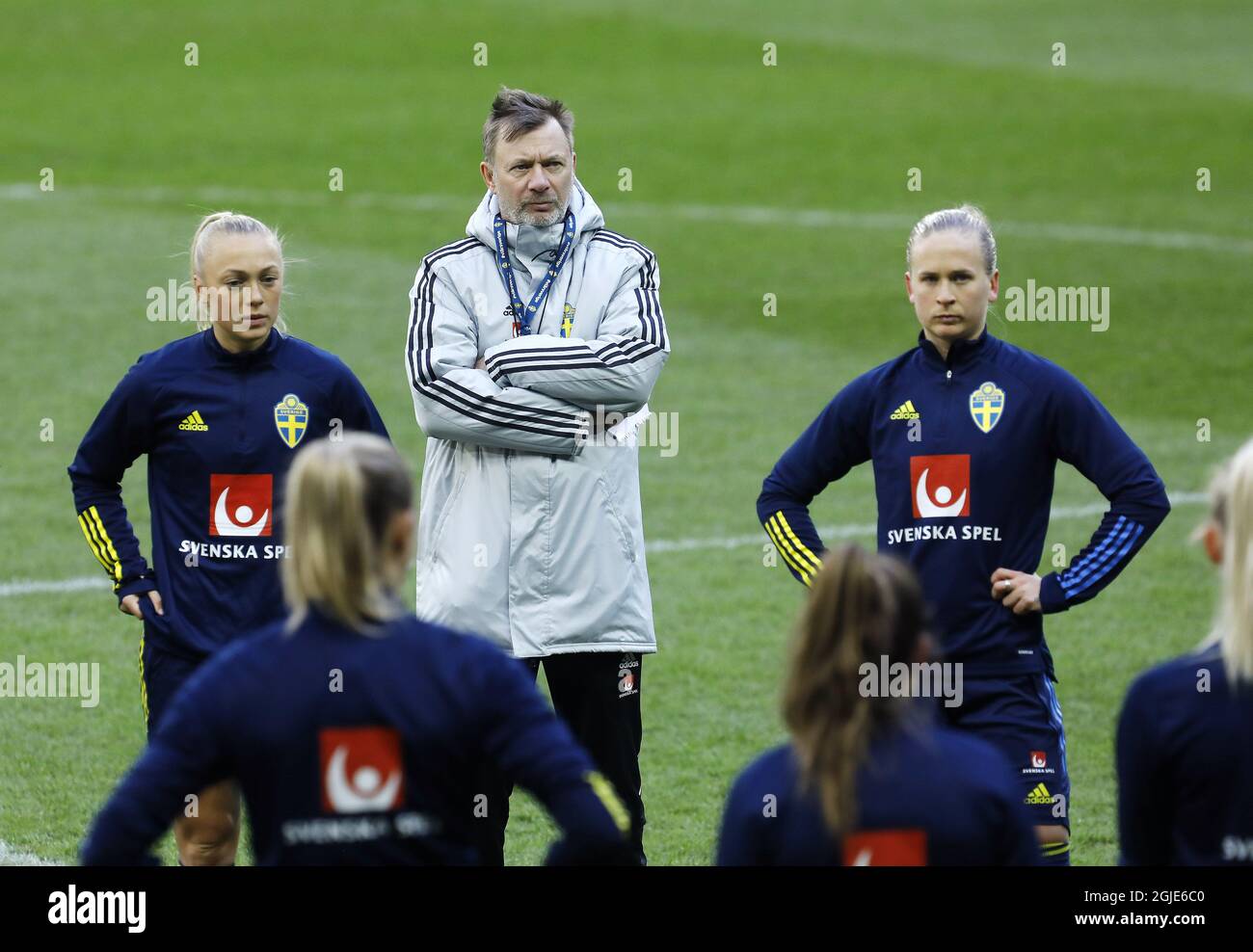 Peter Gerhardsson, Teamchef Schwedens Frauen-Nationalmannschaft im Fußball, Training in der Friends Arena, Stockholm, 2021-04-08 (c) Patrik C Ã–sterberg / TT Code: 2857 Stockfoto