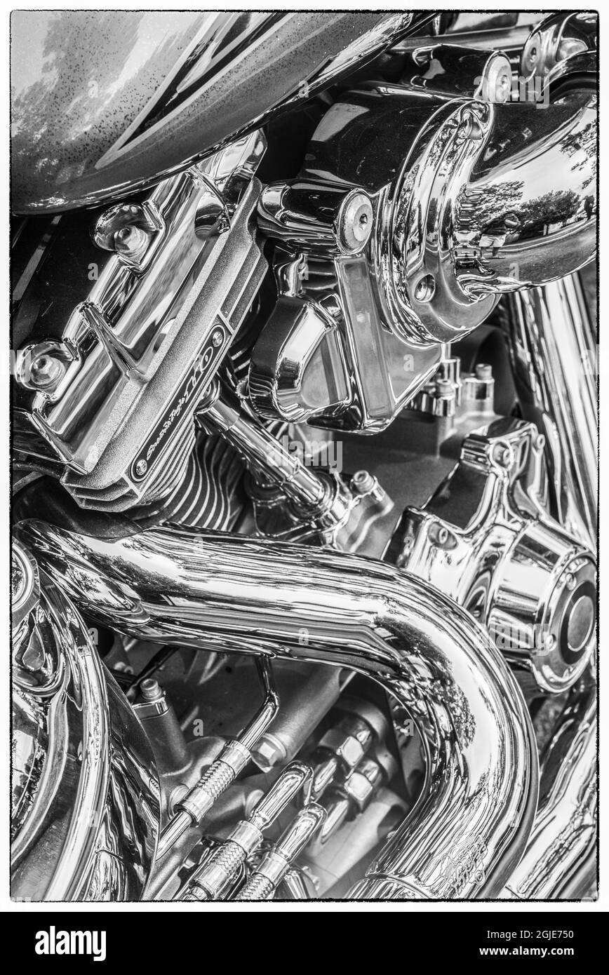 USA, Massachusetts, Essex. Detail des Motorradmotors. Stockfoto