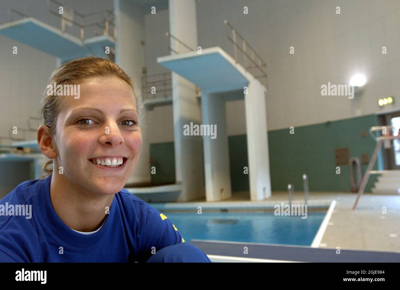 Die schwedische Tauchstar Anna Lindberg bei der Pressekonferenz zum Arena Diving Champions Cup 2003, der dieses Wochenende in Stockholm stattfinden wird. Anna Lindberg ist die Tochter von Ulrika Knape, der berühmten schwedischen Tauchergoldmedaillengewinnerin bei den Olympischen Spielen 1972 in München Stockfoto