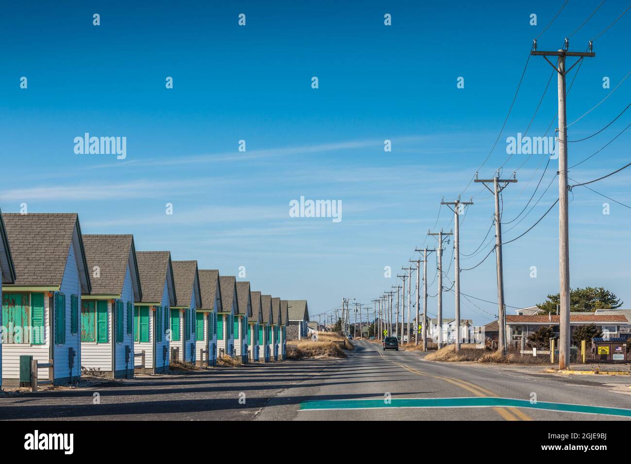 USA, Massachusetts, Cape Cod, Provincetown. Ferienhäuser entlang Cape Cod Bay. Stockfoto