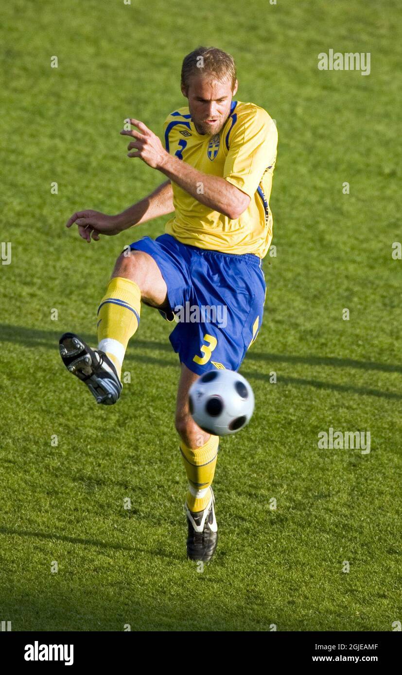 Der schwedische Fußballnationalspieler Olof Mellberg beim Freundschaftsspiel zwischen Schweden und Slowenien Stockfoto