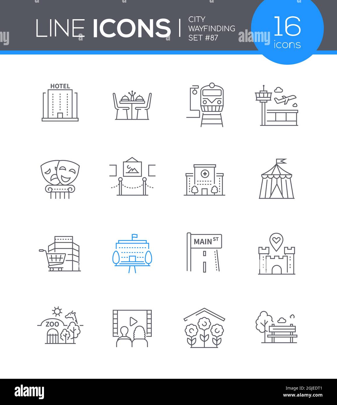 City Wayfinding - modernes Line Design Stil Icon Set. Eine Sammlung von Aktivitäten und Unterkünften in der Stadt. Hotels, Cafés, Unterhaltung für Erwachsene und Stock Vektor