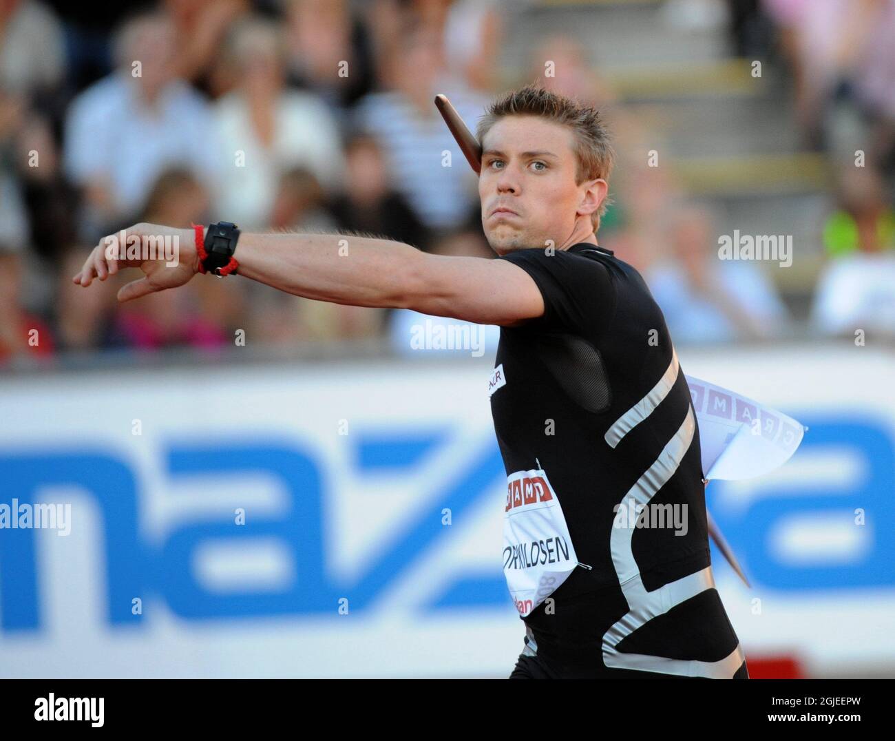 Andreas Thorkildsen aus Norwegen beim Speer der Männer beim DN Galan Super Grand Prix in Leichtathletik im Stockholmer Olympiastadion. Stockfoto