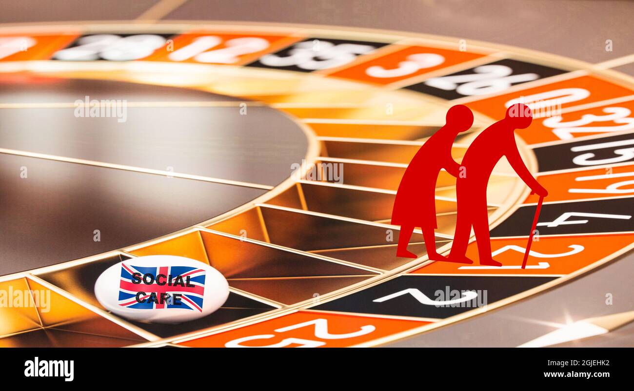 Roulette Rad Sozialfürsorge UK Konzept. Die Sozialversicherung steigt, um für die Sozialfürsorge und den NHS-Rückstand zu zahlen, der von einigen als ein Glücksspiel der britischen Regierung angesehen wird. Stockfoto