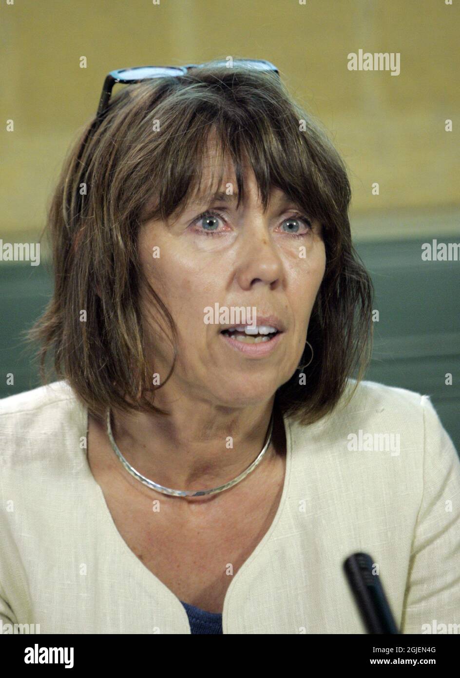 Der schwedische Migrationsminister Barbro Holmberg bei einer Pressekonferenz in Stockholm, Schweden. Stockfoto