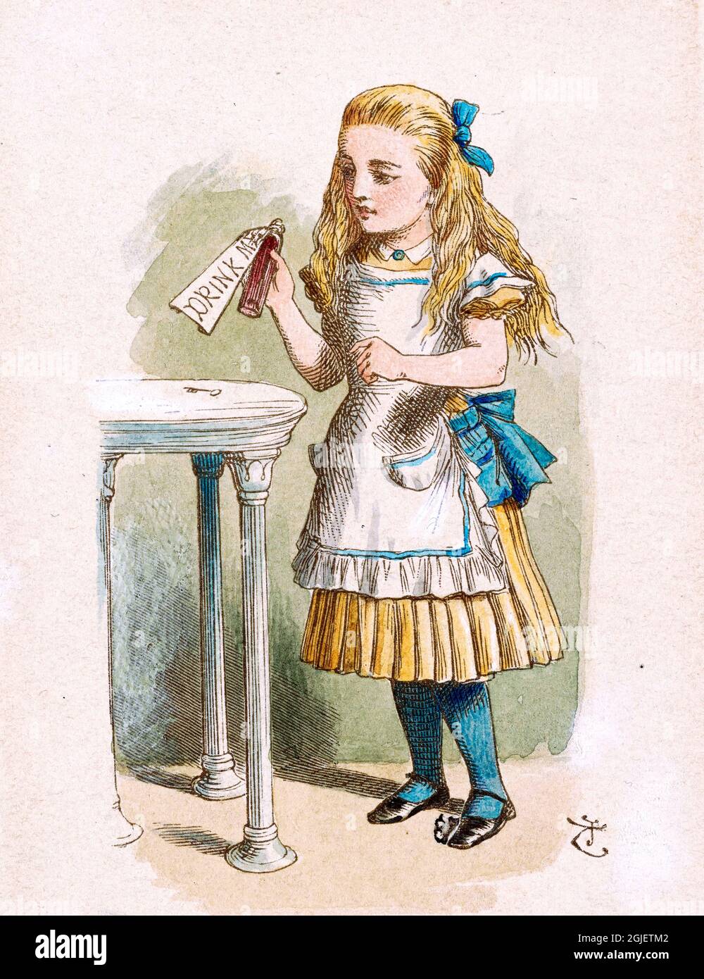 „How Alice grow Tall“, eine Illustration von Sir John Tenniel für Lewis Carrolls „Alice im Wunderland“. Handkoloriertes Proof, 19. Jahrhundert. Stockfoto