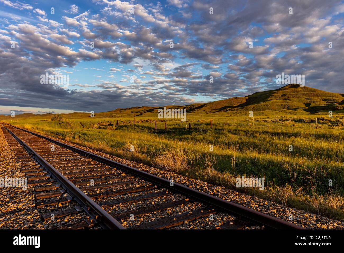 Die Central Montana Railroad Tracks im Morgenlicht in der Nähe von Square Butte, Montana, USA. Stockfoto