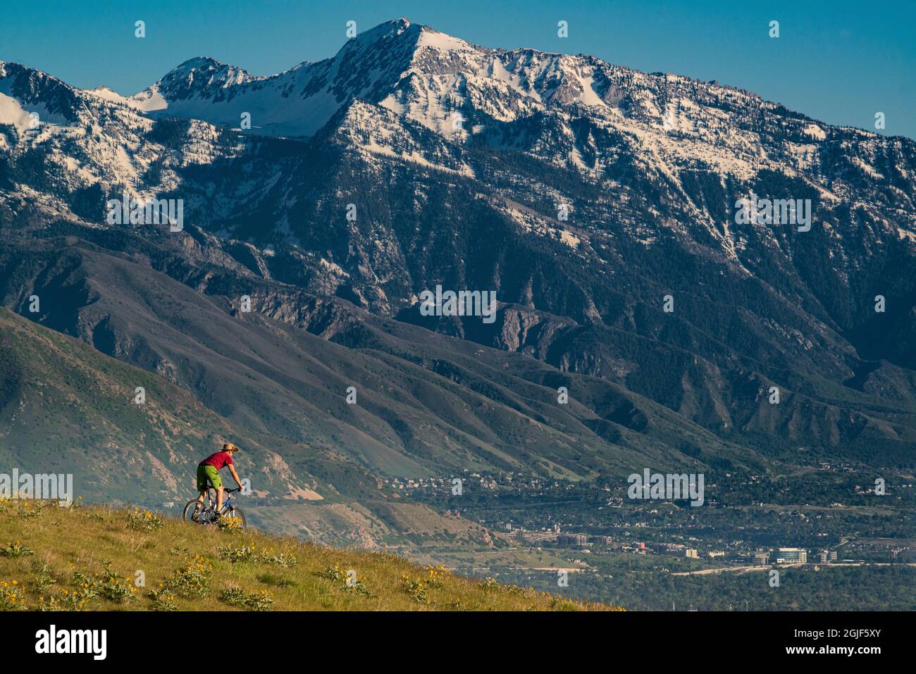 Male Mountain Biking in Salt Lake City, Utah, USA. Ausläufer im Frühling. (MR) Stockfoto