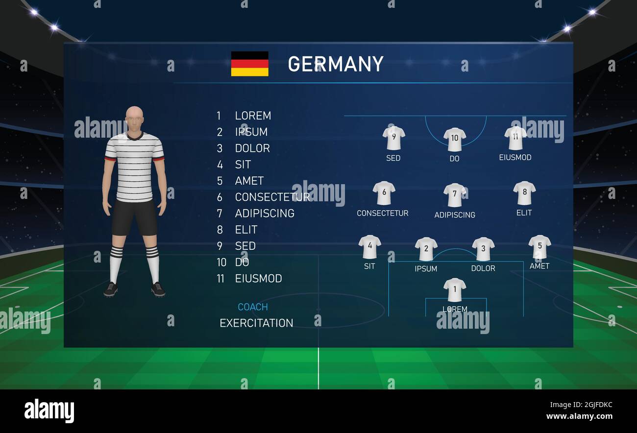 Fußball-Anzeigetafel Broadcast Grafik Vorlage mit Kader Fußballmannschaft Deutschland Stock Vektor