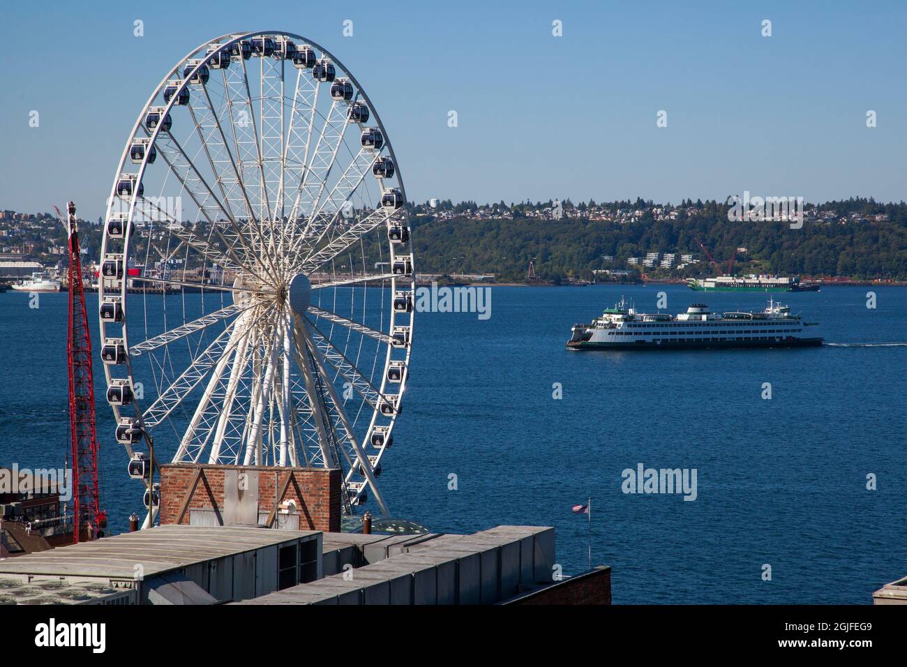 Great Wheel-Riesenrad-Ikone an der Elliott Bay in Seattle, Bundesstaat Washington. Stockfoto