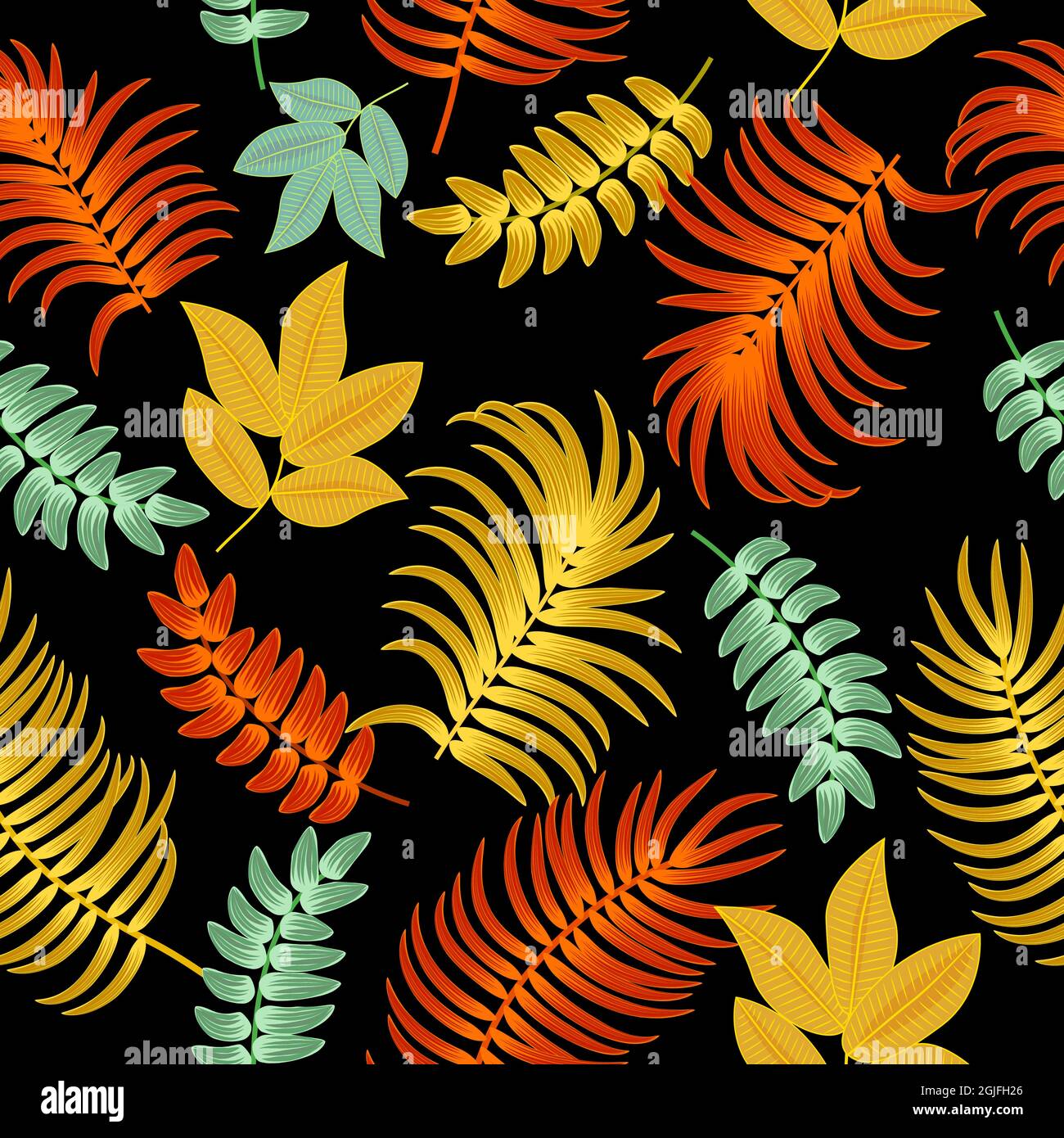 Helle Herbstblätter auf schwarzem Hintergrund, nahtloses Vektor-Muster mit tropischen Palmenblättern. Botany Hintergrund, Dschungel Tapete. Stock Vektor