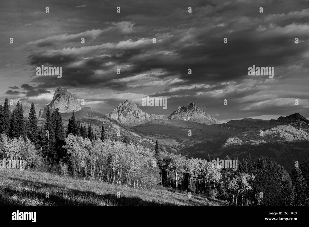 Landschaft von Mt. Owen, Grand Teton, Middle und South Teton, Espenbäume, aus dem Westen in der Nähe des Grand Targhee Ski Resort, Wyoming Stockfoto