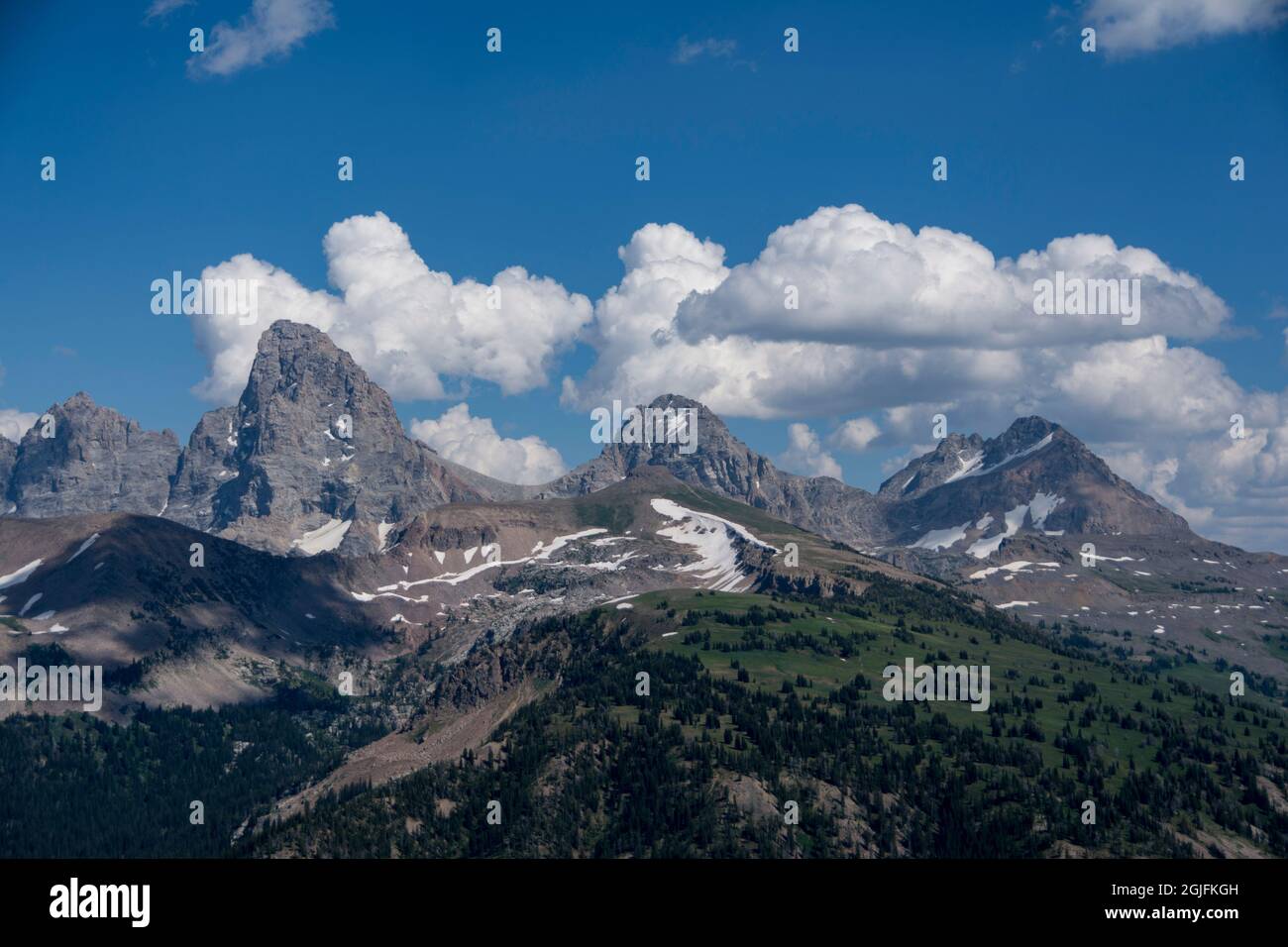 Landschaft von Mt. Owen, Grand Teton, Middle Teton und South Teton von der Idaho-Seite. Stockfoto