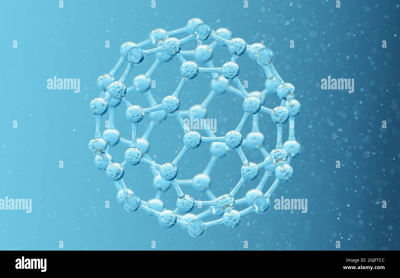 Chemisches Molekül mit blauem Hintergrund, 3d-Rendering. Digitale Zeichnung des Computers. Stockfoto