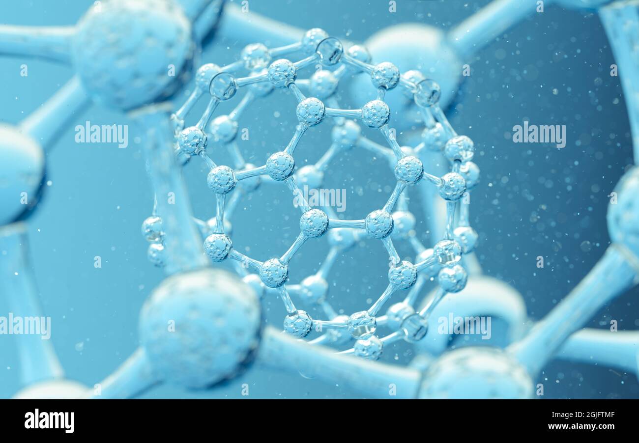 Chemisches Molekül mit blauem Hintergrund, 3d-Rendering. Digitale Zeichnung des Computers. Stockfoto
