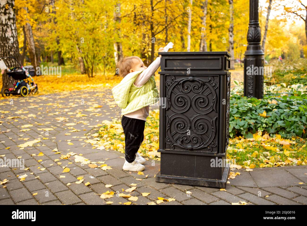 Kleine Kleinkinder wirft Müll in den Abfalleimer im Herbstpark. Einbringen kultureller Normen von Geburt an Stockfoto