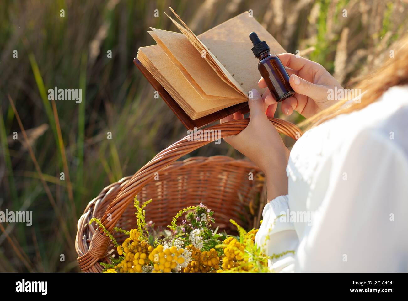 Kräuterextrakt in einer Pipette, Copy-Space für Text. Frau mit einer medizinischen Flasche und einem leeren Notizbuch in der Hand. Natürliches Heilmittel, Konzept - MOCK-UP. Stockfoto