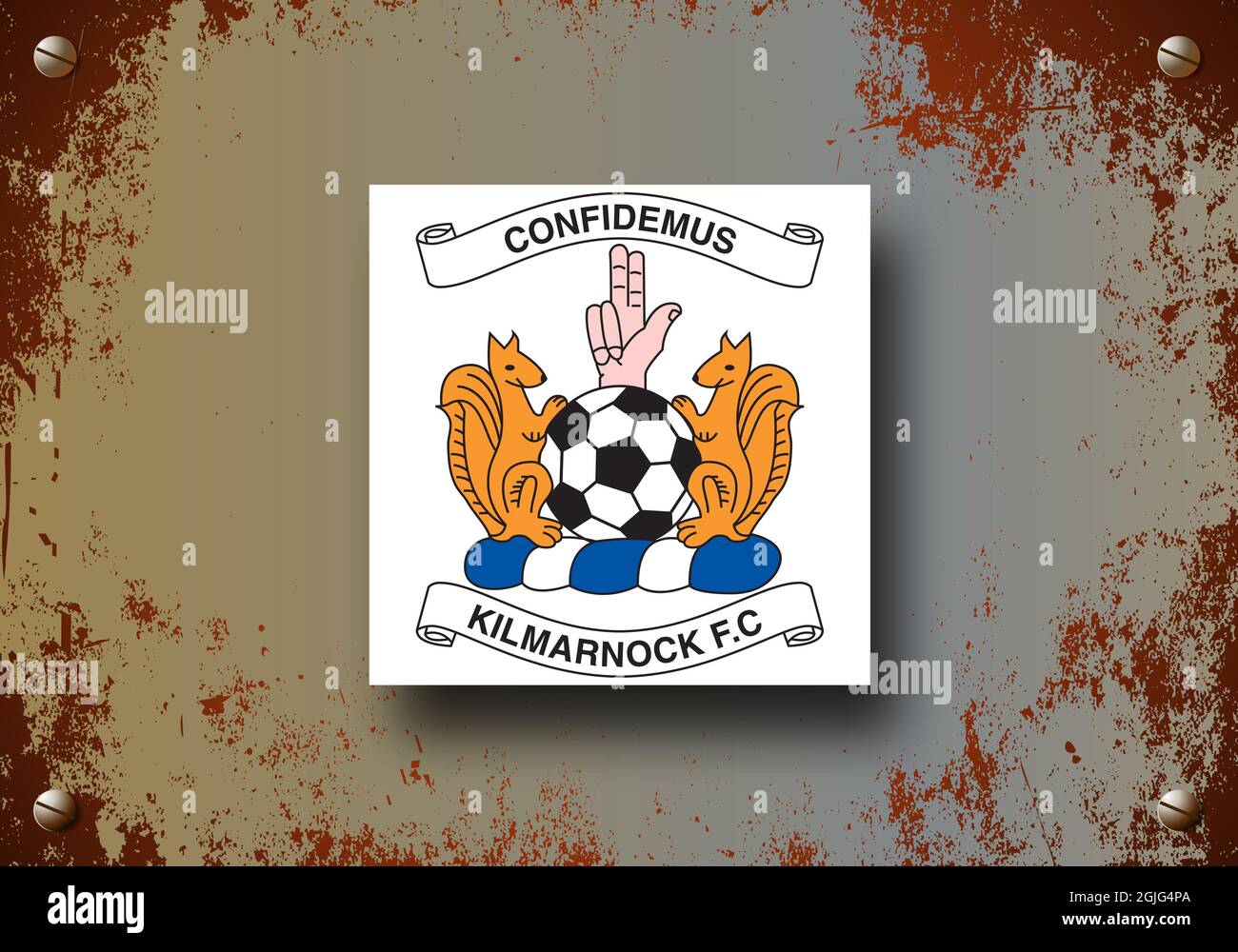 Wappen FC Kilmarnock, schottischer Fußballverein, schmutziger Metallhintergrund Stockfoto