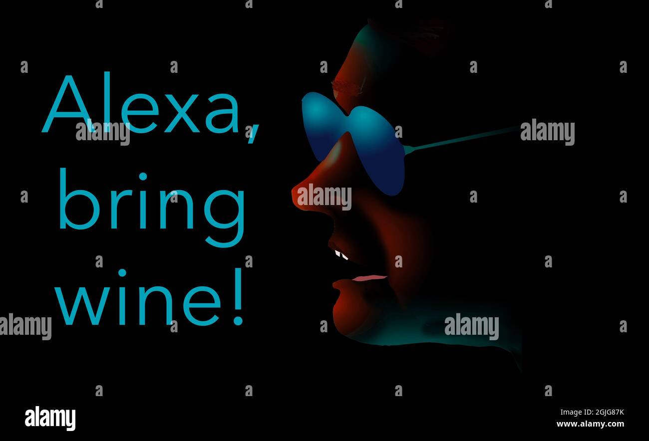 Ein älterer Mann sagt Alexa, dass er in dieser 3-d-Illustration Wein mitbringen soll. Stockfoto