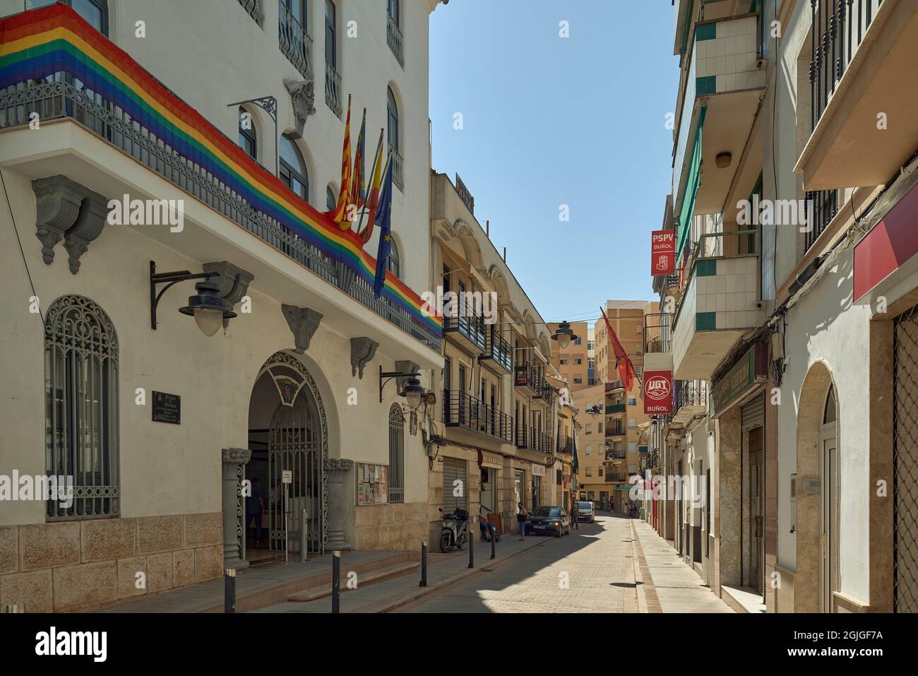Buñol ist eine Gemeinde der Valencianischen Gemeinschaft, die sich im Landesinneren der Provinz Valencia in der Region La Hoya de Bunol, Spanien, befindet Stockfoto