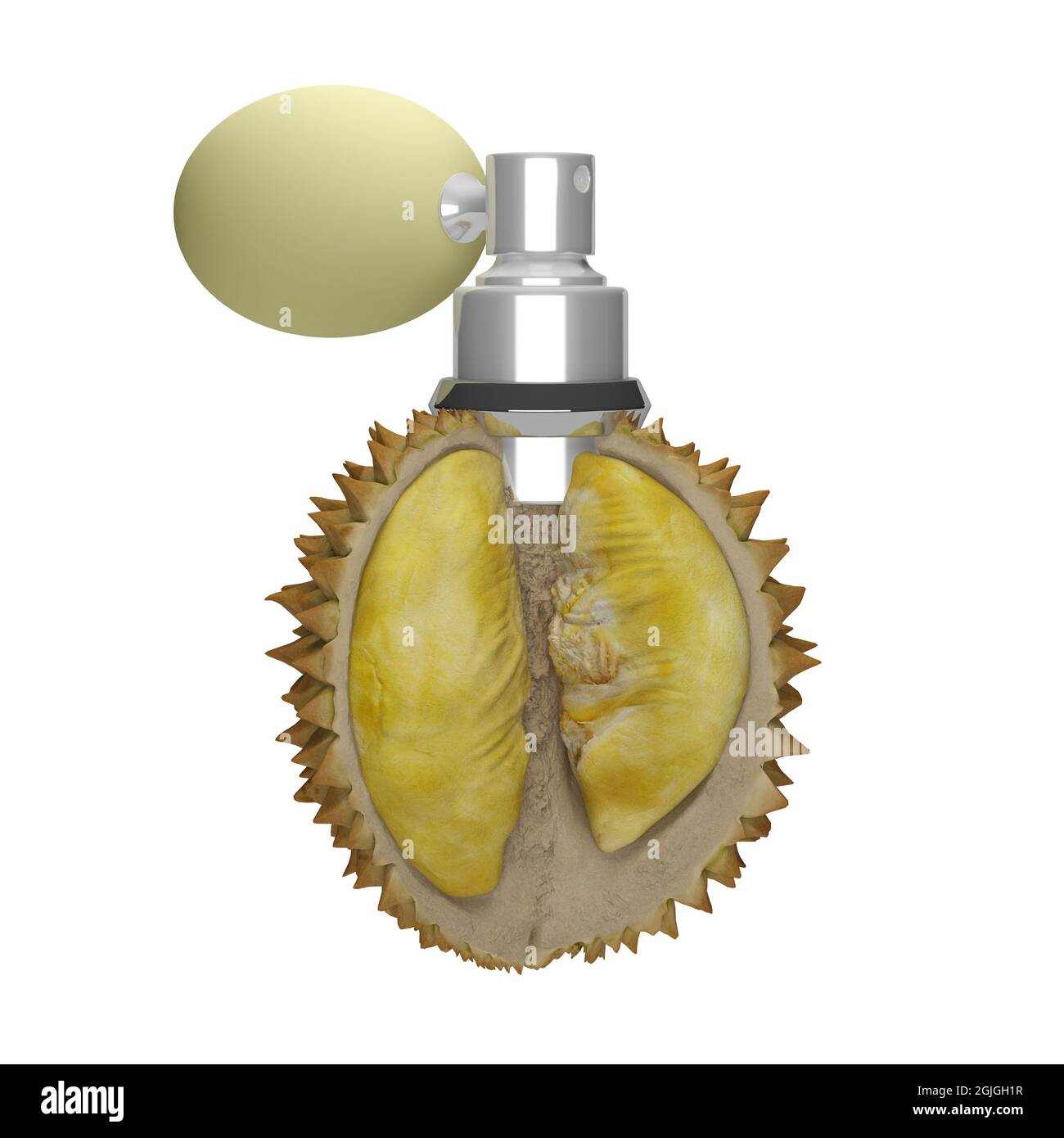 Konzept der Kombination von Durian und Parfüm. 3d-Rendering Stockfoto