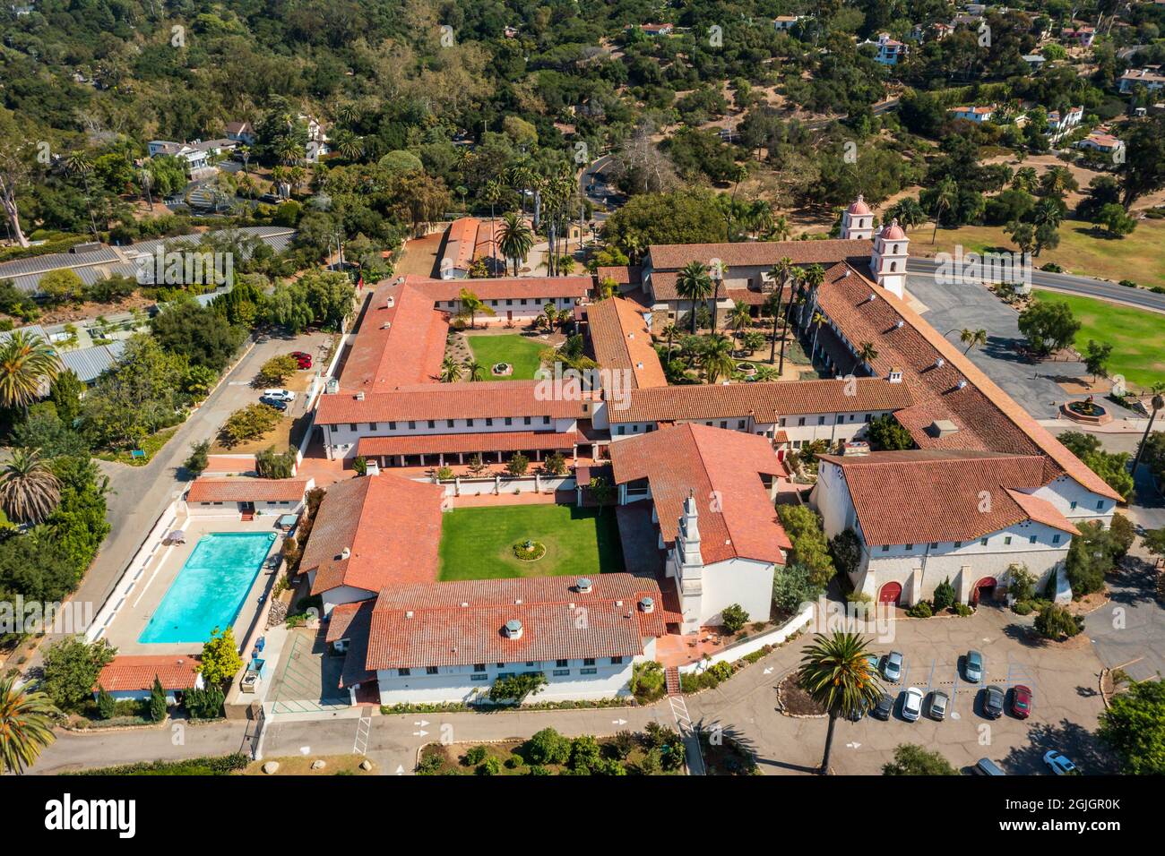 Santa Barbara Mission, Luftaufnahme Stockfoto