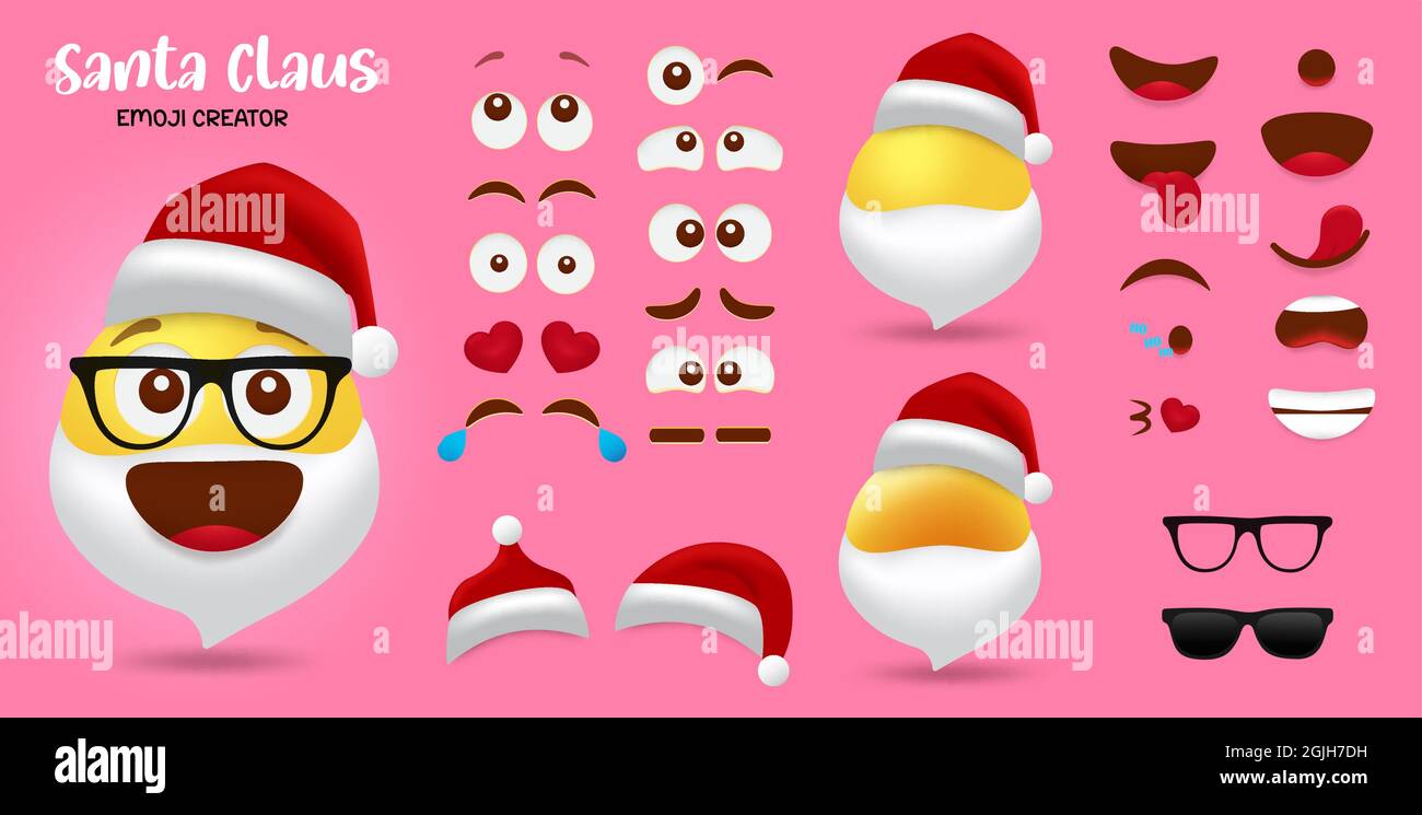 Santa emoji weihnachten Schöpfer Vektor-Set. Santa claus Smileys Charakter editierbare Kit von Gesicht, Augen und Mund in verschiedenen Gesichtsausdruck. Stock Vektor