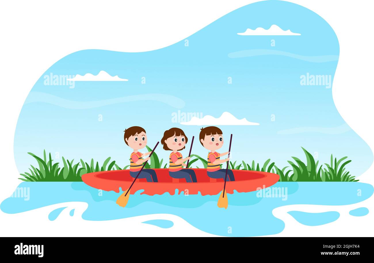 Rafting Hintergrund Flat Cartoon Vektor Illustration mit Menschen tun Aktivität Wassersport in der Mitte des Sees, Kanusport, Sitzen im Boot Stock Vektor