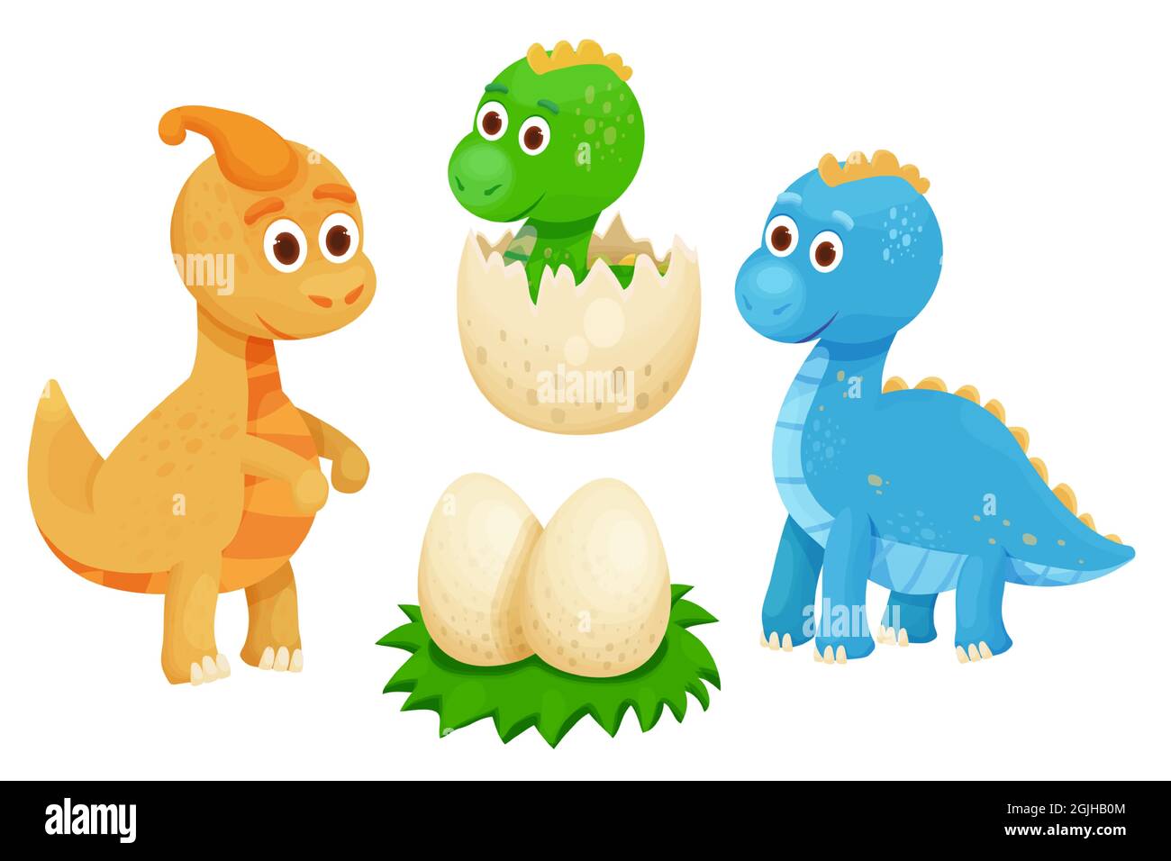 Setzen Sie niedliche Dinosaurier mit Dino-Nest und Eiern im Cartoon-Stil. Jurassische Monster, lächelnde Charaktere. Kindliche Clip Art. Vektor-Illustration Stock Vektor