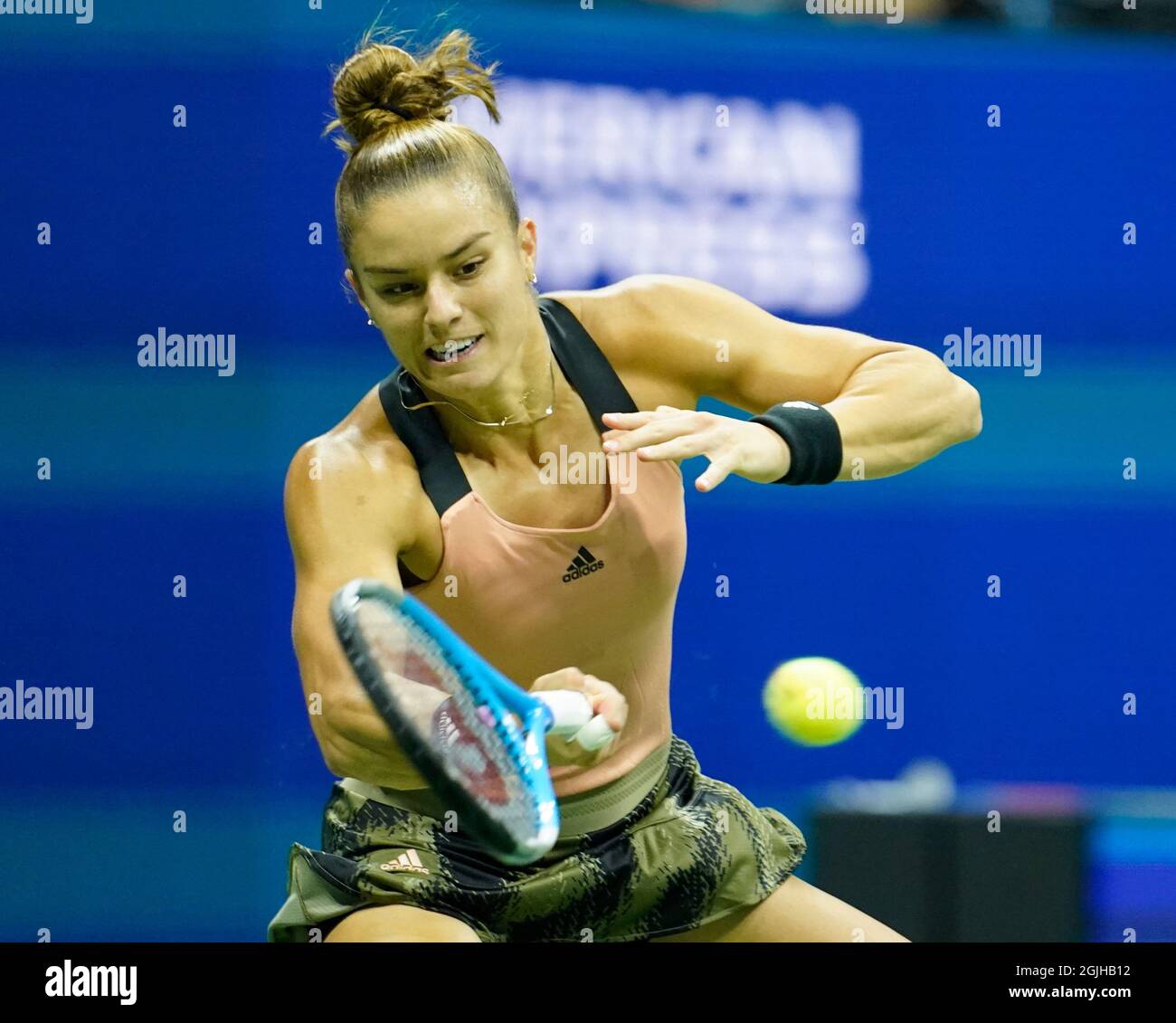 9. September 2021: Maria Sakkari (GRE) verliert Emma Raducanu (GBR), 6-1, 6-4 bei den US Open, gespielt im Billy Jean King National Tennis Center in Flushing, Queens, New York, {USA} © Jo Becktold/Tennisclix/CSM Stockfoto