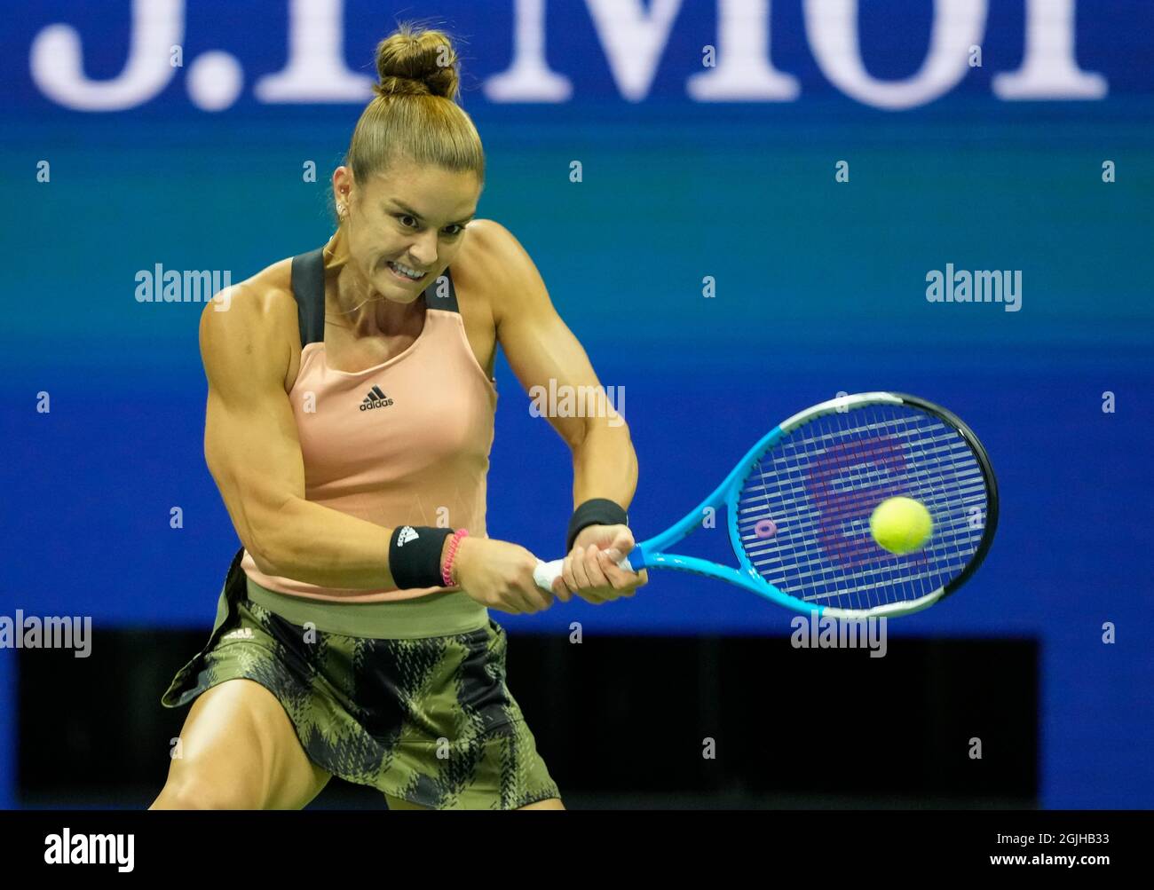 9. September 2021: Maria Sakkari (GRE) verliert Emma Raducanu (GBR), 6-1, 6-4 bei den US Open, gespielt im Billy Jean King National Tennis Center in Flushing, Queens, New York, {USA} © Jo Becktold/Tennisclix/CSM Stockfoto