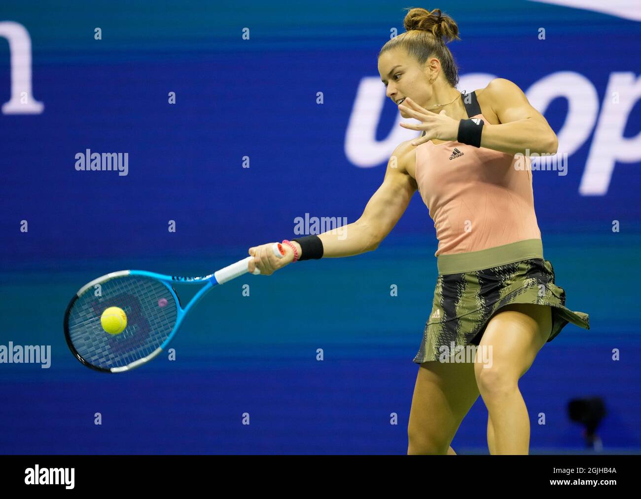 9. September 2021: Maria Sakkari (GRE) verliert Emma Raducanu (GBR), 6-1, 6-4 bei den US Open, gespielt im Billy Jean King National Tennis Center in Flushing, Queens, New York, {USA} © Jo Becktold/Tennisclix/CSM Stockfoto