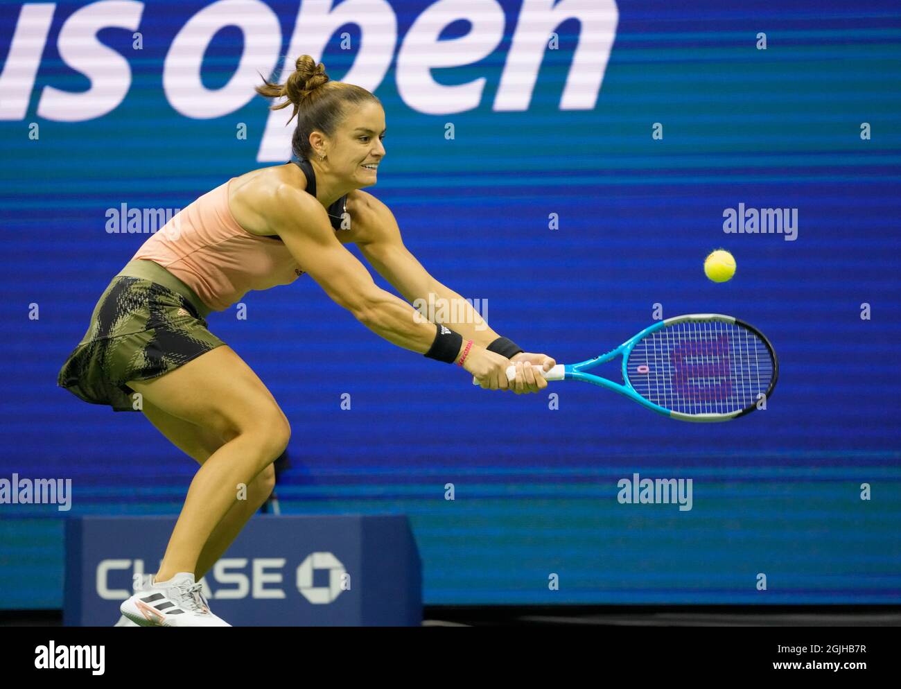 9. September 2021: Maria Sakkari (GRE) verliert Emma Raducanu (GBR), 6-1, 6-4 bei den US Open, gespielt im Billy Jean King National Tennis Center in Flushing, Queens, New York, {USA} © Jo Becktold/Tennisclix/CSM Stockfoto