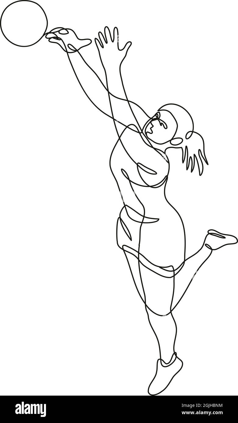 Kontinuierliche Linienzeichnung Illustration eines Netball-Spielers, der den Ball in Mono-Line oder Doodle-Stil in Schwarz und Weiß auf Isol zurückprallt und fängt Stock Vektor