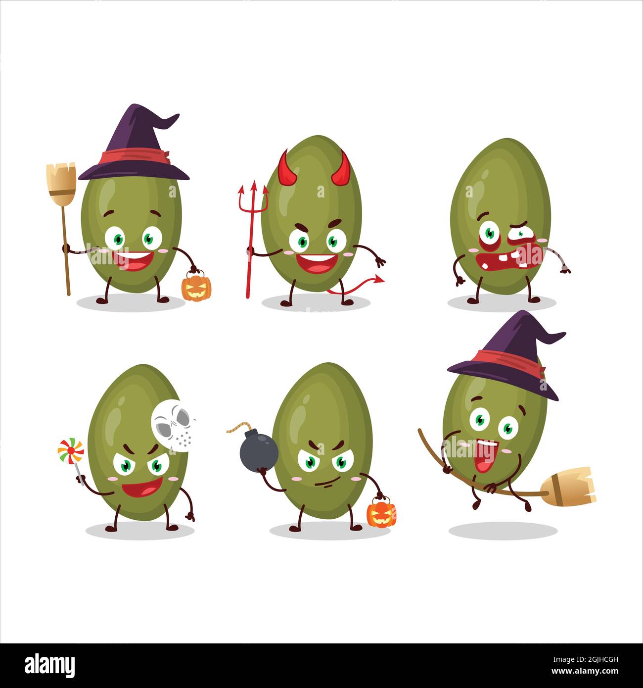 Halloween Ausdruck Emoticons mit Cartoon-Charakter aus Pistazien Samen. Vektorgrafik Stock Vektor