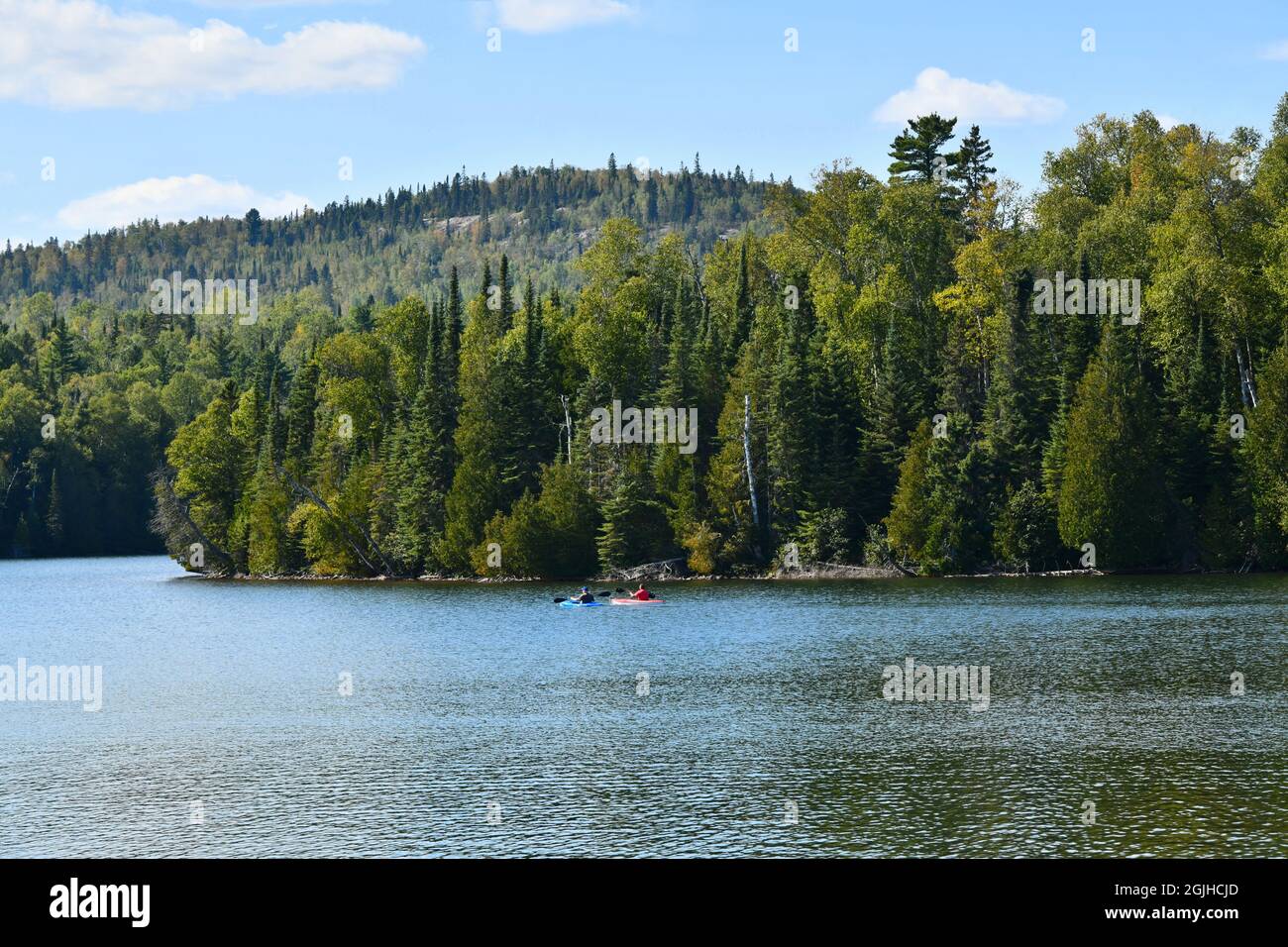 Zwei Menschen fahren an einem sonnigen Tag in Ontario, Kanada, Nordamerika, mit dem Kajak auf dem Bass Lake. Stockfoto