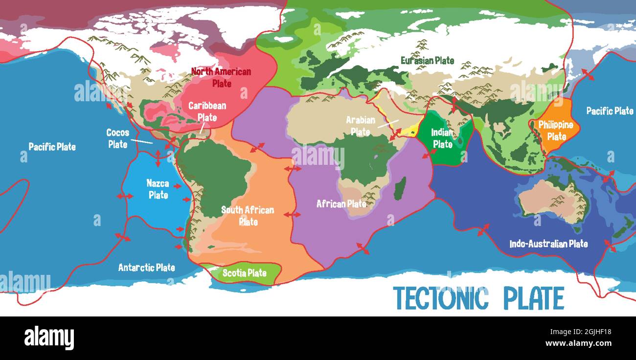 Weltkarte mit Darstellung der Grenzen der tektonischen Platten Stock Vektor