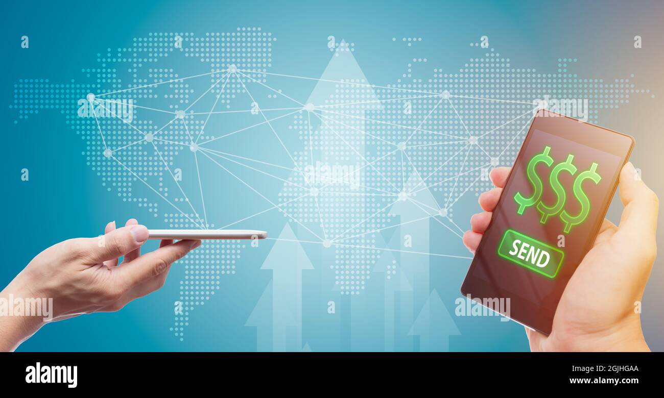 Weltweiter internationaler Geldtransfer von Internet-Blockchain oder defi-Technologie mit Mobile Banking auf Smartphone-Konzept. Stockfoto