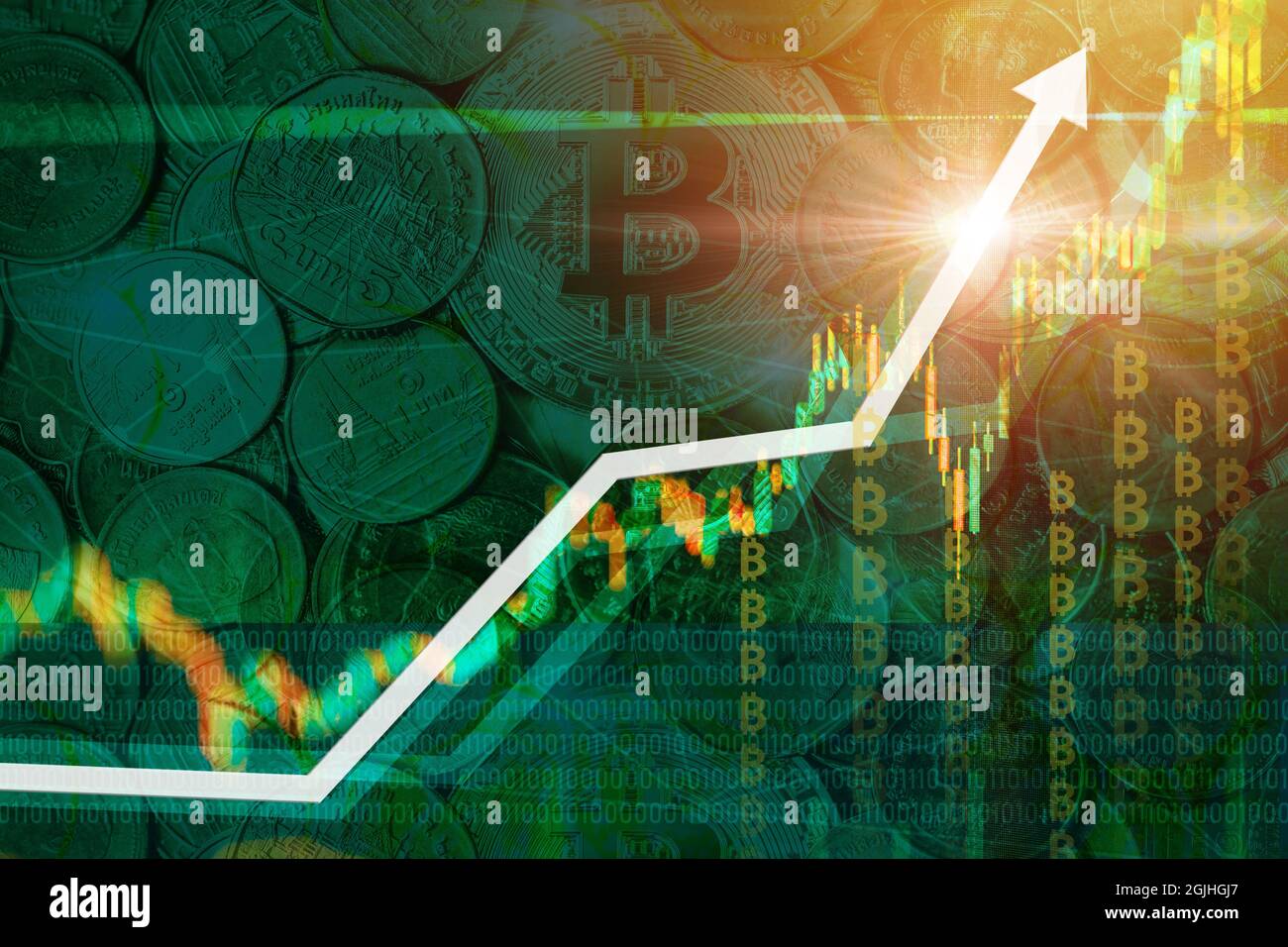 Die Erholung des Marktpreises für Bitcoin-Kryptowährungen erreichte einen wieder höheren Wert und erreichte einen Rekord, um das Konzept der Obergrenze zu erreichen Stockfoto