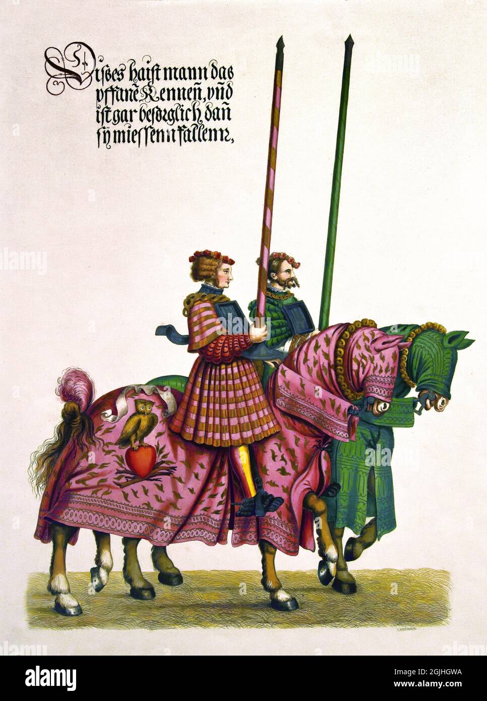 Ritter mit Pferden ziehen zum Turnier, aus dem Turnierbuch des Heiligen Römischen Kaiser Maximilian 1459-1519 von Charles Regnier nach Jacob Heinrich von Hefner Alteneck nach Originalen von Hans Burgmair dem Jüngeren. 1853, Deutsch, Deutschland. Stockfoto