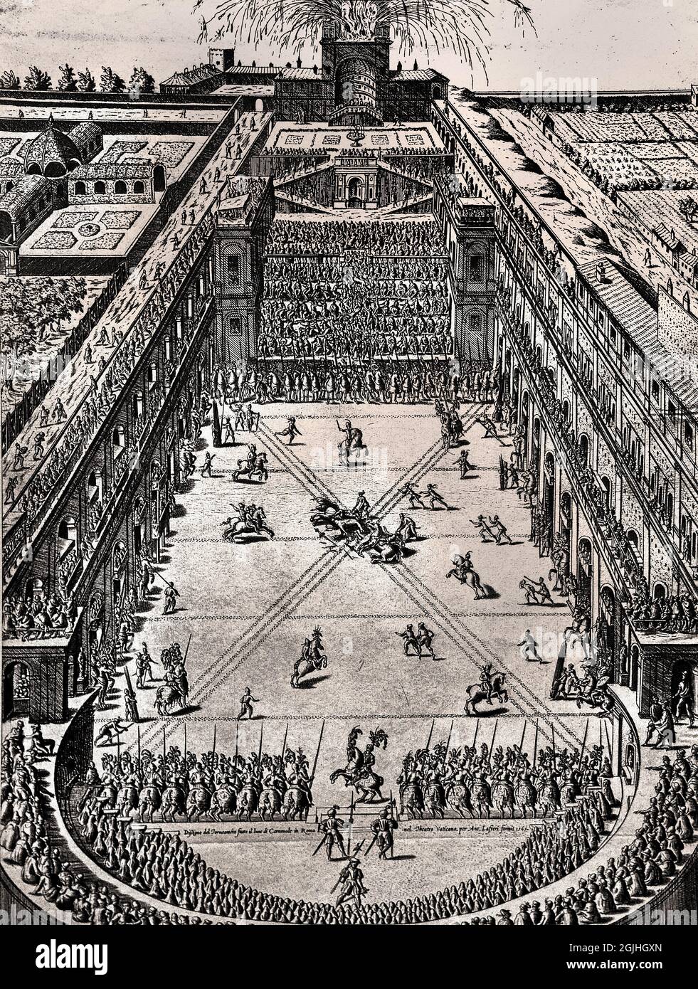 Das Turnier am karnevalsmontag im vatikanischen Theater Rom statt 5 märz 1565 von Etienne Duperac ( Spiegel der römischen Pracht ) von Antonio Lafrery 1565 Italien Italienisch, Stockfoto