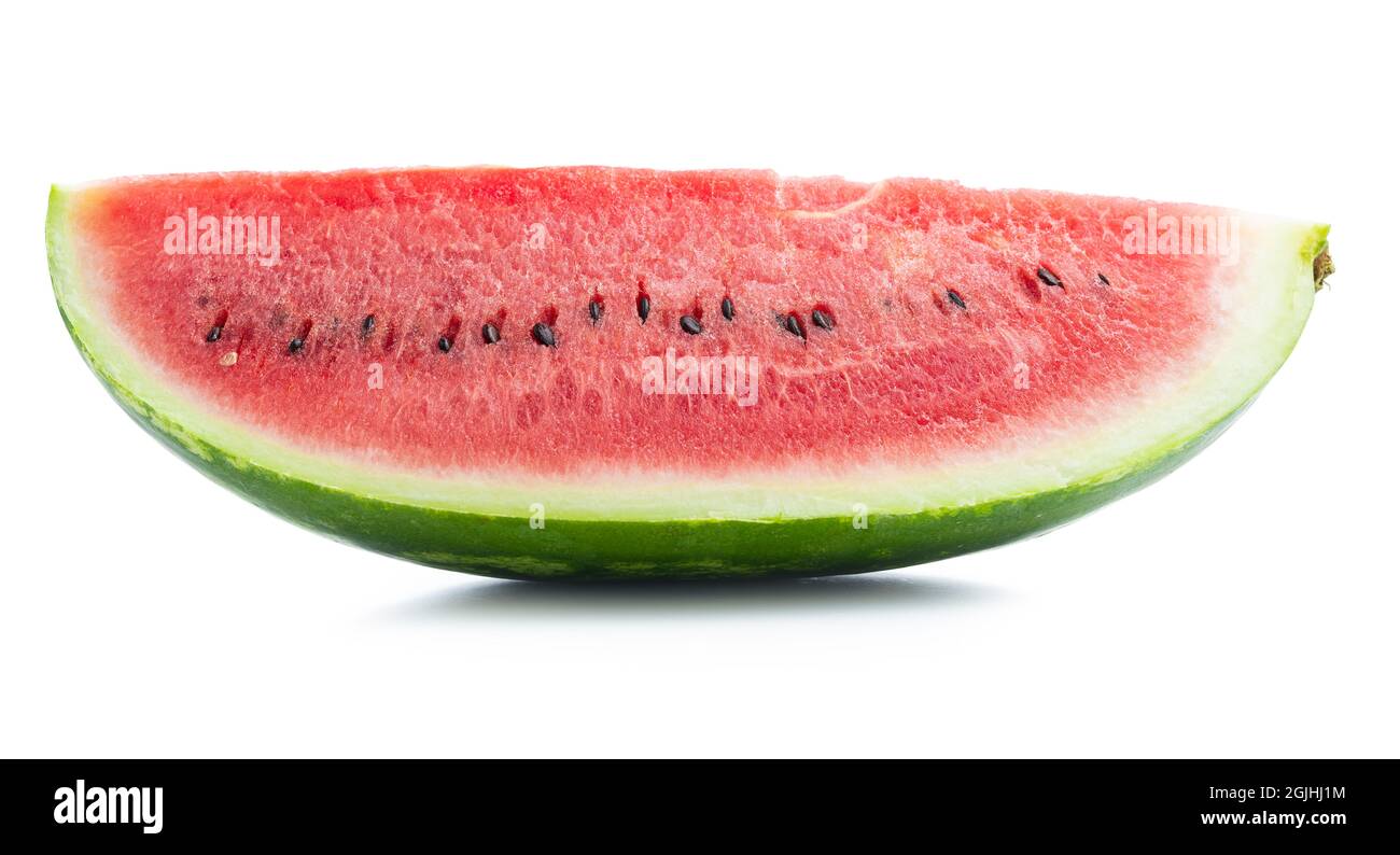 Rote Wassermelone in Scheiben. Stücke von roter Melone isoliert auf weißem Hintergrund. Stockfoto