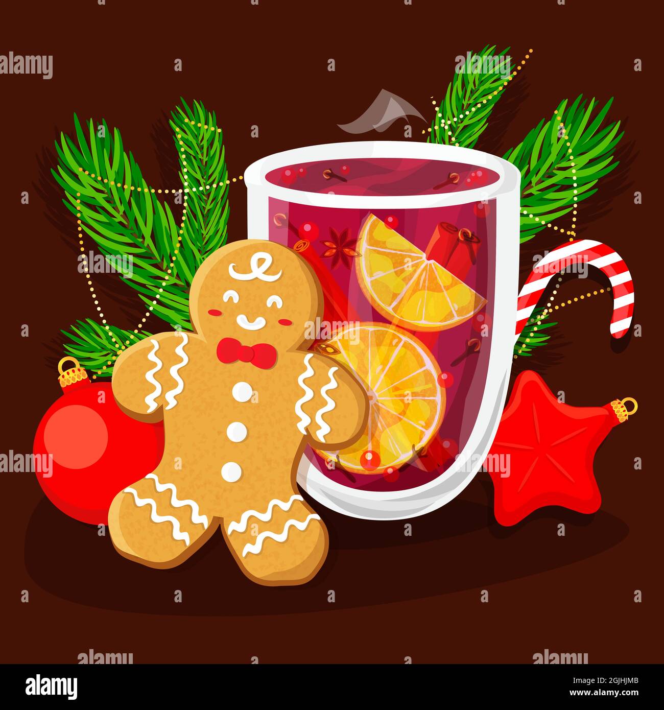Glas Glühwein und Lebkuchen Mann Cookie Weihnachten Vektor Illustration flach. Ornamente und Spielzeug. Stock Vektor