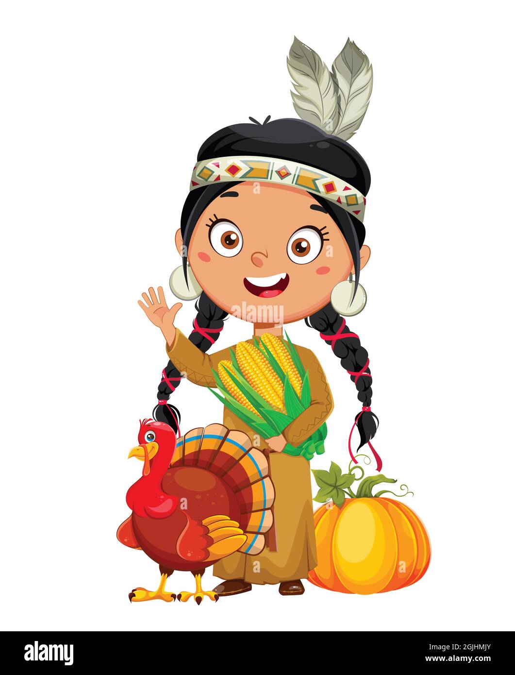Amerikanisches indisches Mädchen. Niedliche Zeichentrickfigur. Verwendbar für Thanksgiving-Tag. Vektordarstellung auf weißem Hintergrund isoliert Stock Vektor